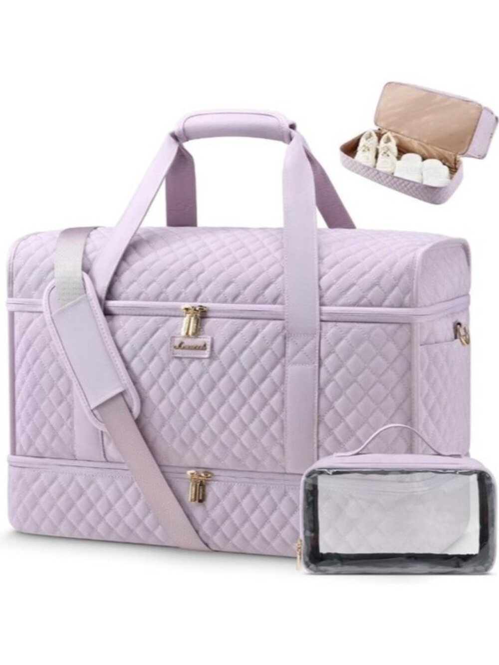 Light Purple Quilted Travel Duffle Bag 50L Carry On Shoe Compartment Toiletry